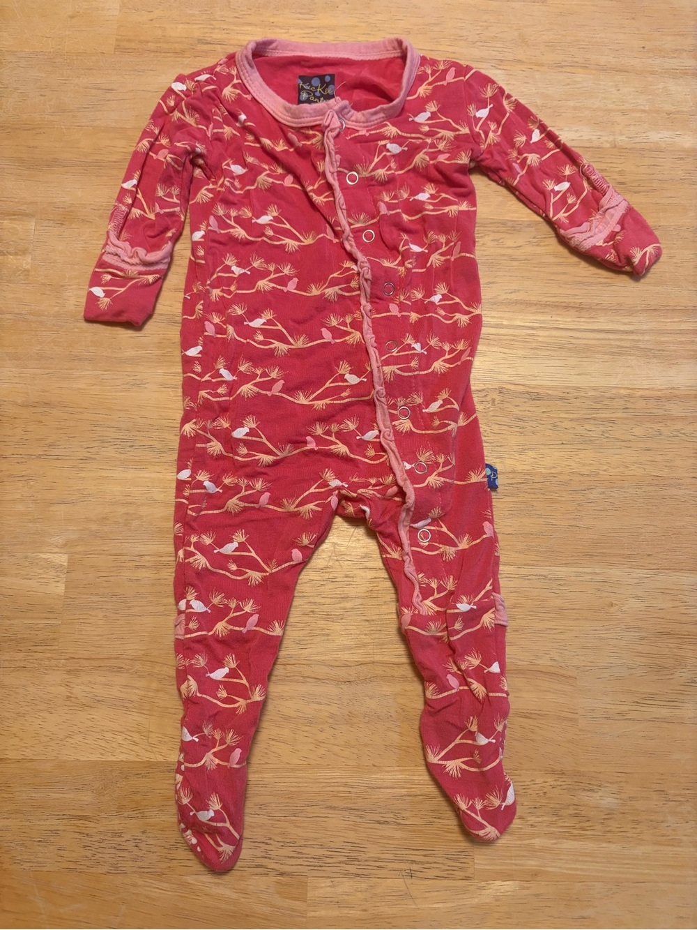 Kic Kee Pants Footed One-Piece in Coral Pink with Bird Print